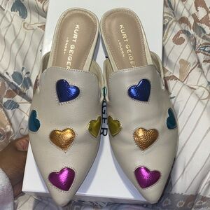 Kurt Geiger Cream Mules with Colorful Heart Accents